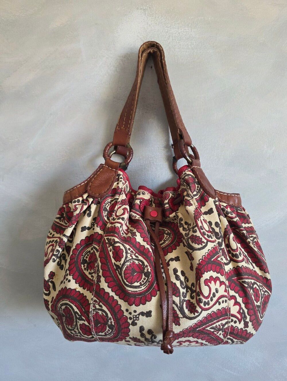 Vtg Lucky Brand Paisley Print Cotton Leather Trim Drawstring Shoulder Bag Hobo